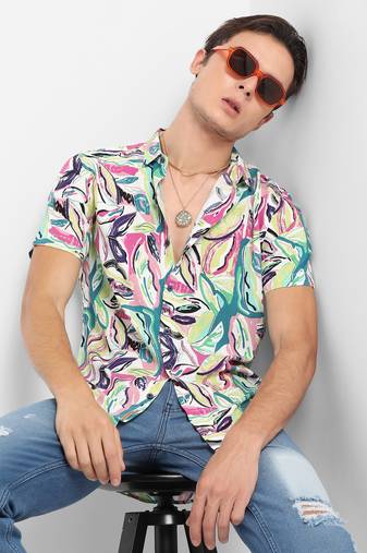 Men's pink & green abstract foilage shirt