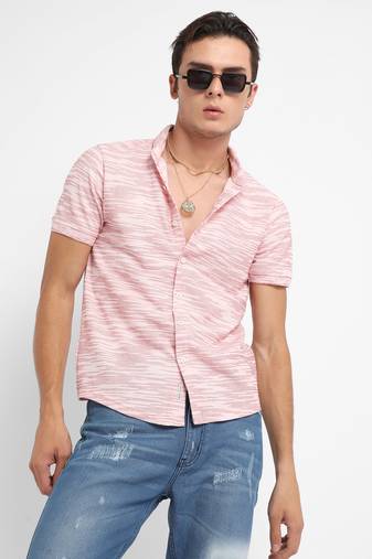 Men's blush pink textured horizontal striped shirt