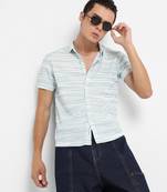 Men's light blue & white textured horizontal striped shirt