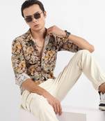 Men's beige & green artistic floral cluster shirt