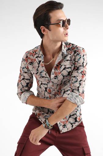Men's beige & brown artistic floral cluster shirt