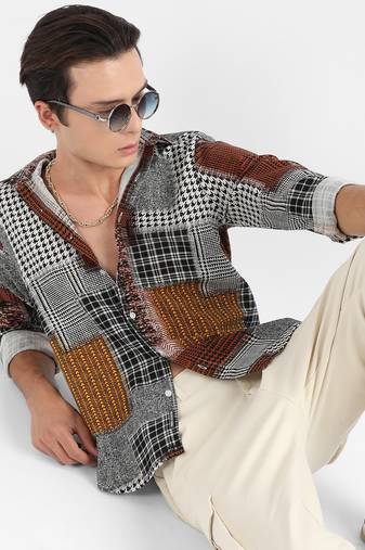 Men's brown herringbone block shirt