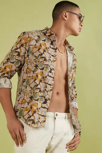 Men's beige & green artistic floral cluster shirt