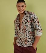 Men's beige & brown artistic floral cluster shirt