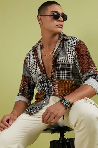 Men's brown herringbone block shirt