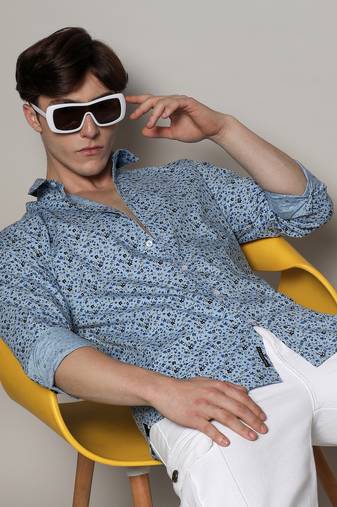 Men's prussian blue micro floral shirt