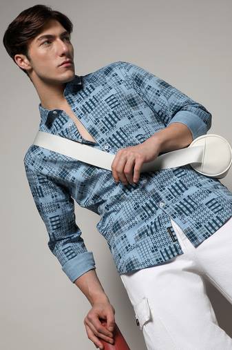 Men's prussian blue arygle checkered block shirt