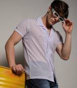 Men's white & lavender unbalanced striped shirt