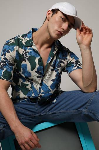 Men's azure blue & forest green floral abstract shirt