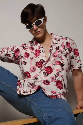 Men's vermillion red & ivory white rose shirt