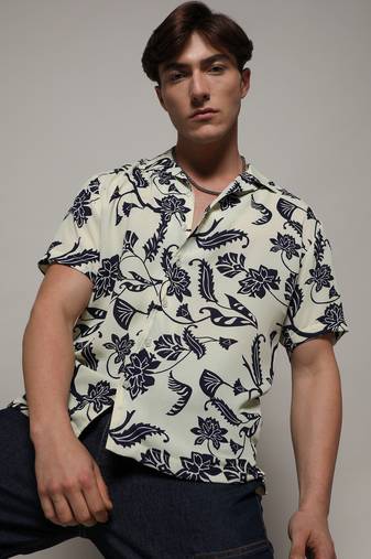 Men's midnight black & ivory white contrast flower shirt