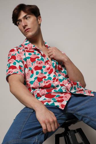 Men's scarlet red rose foliage shirt