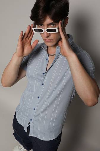 Men's icy blue unbalanced striped shirt