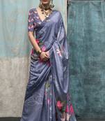 Indigo Crepe Silk Beautiful Printed Weaving Pallu Saree With Blouse For Women 
