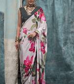 Off White Crepe Silk Beautiful Printed Weaving Pallu Saree With Blouse For Women