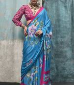 Sky Blue Crepe Silk Beautiful Printed Weaving Pallu Saree With Blouse For Women