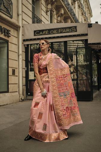 Peach Soft Silk Beautiful Weaving Border And Rich Pallu Saree With Blouse For Women