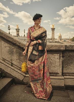 Black soft cotton bland multi color thread work design Saree with Blouse 1