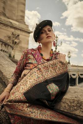 Black soft cotton bland multi color thread work design Saree with Blouse 2