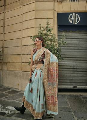 Sky Blue Soft Silk Beautiful Weaving Border And Rich Pallu Saree With Blouse For Women 1