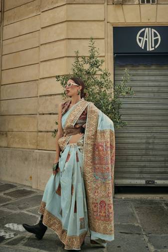 Sky Blue Soft Silk Beautiful Weaving Border And Rich Pallu Saree With Blouse For Women
