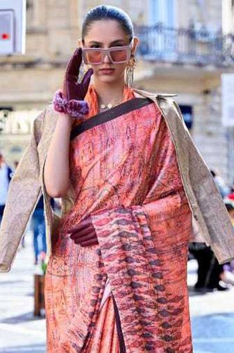 Dark Orange Banarasi Silk Zari Weaving Border And Pallu Saree With Blouse For Women
