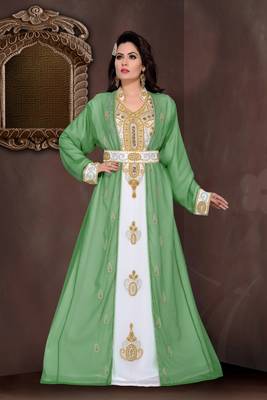 Dark-Green & White color Full Sleeves Handmade Moroccan Kaftan  1
