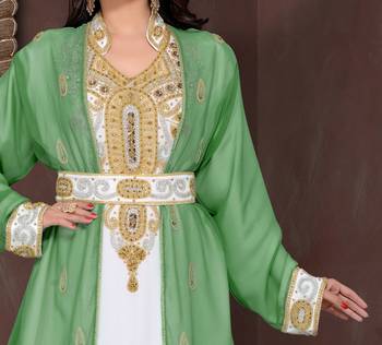 Dark-Green & White color Full Sleeves Handmade Moroccan Kaftan  2