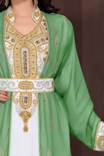 Dark-Green & White color Full Sleeves Handmade Moroccan Kaftan 