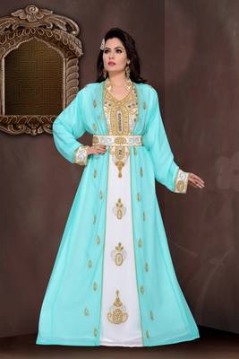 Cyan & White color Full Sleeves Handmade Moroccan Kaftan  1