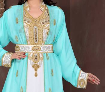 Cyan & White color Full Sleeves Handmade Moroccan Kaftan  2