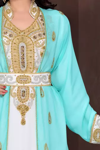Cyan & White color Full Sleeves Handmade Moroccan Kaftan 
