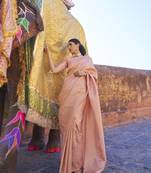 Peach kanjivaram style of silk bland thread & Zari weaving saree with Blouse