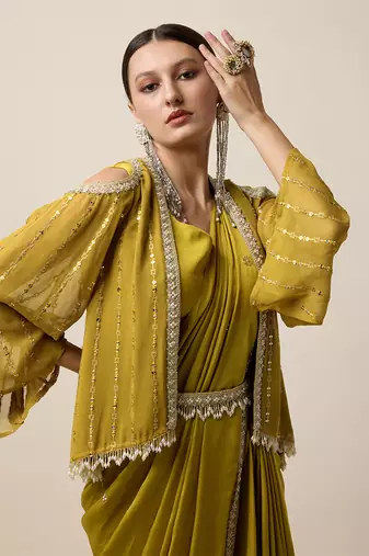 Mustard Georgette Embridered Saree