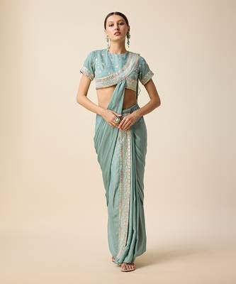 Aqua Blue Silk Embridered Saree 1
