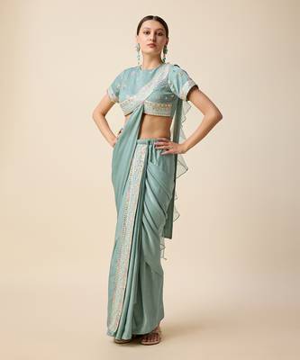Aqua Blue Silk Embridered Saree 2