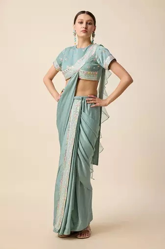Aqua Blue Silk Embridered Saree