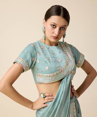 Aqua Blue Silk Embridered Saree 3