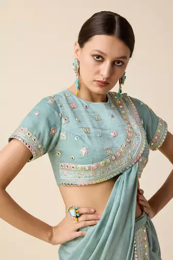 Aqua Blue Silk Embridered Saree