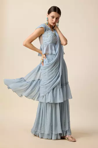 Light Blue Georgette,  Embridered Saree