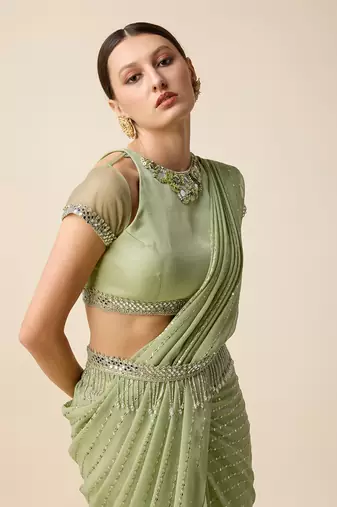 Pista Green Georgette Embridered Saree