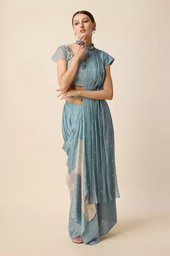 Blue Georgette Embridered Saree