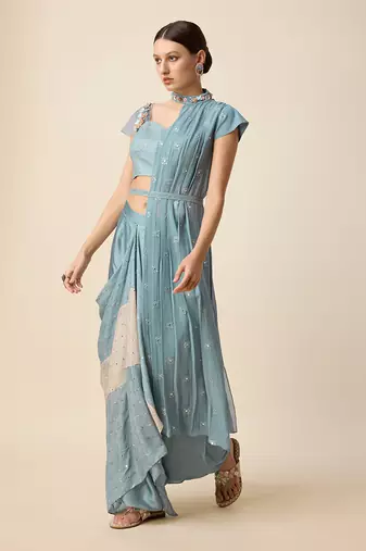 Blue Georgette Embridered Saree