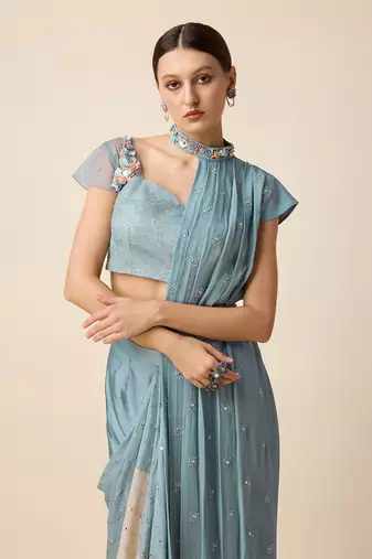 Blue Georgette Embridered Saree