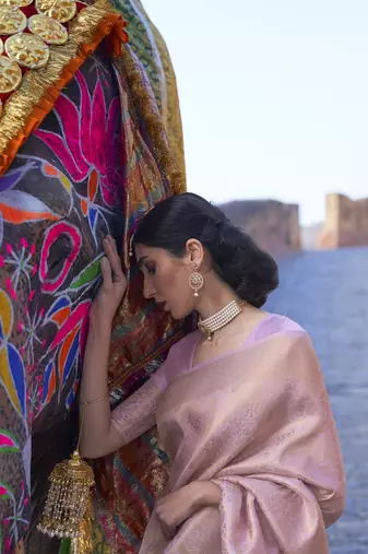 Purple kanjivaram silk blendGold Zari Weaving Border And Rich Saree With Blouse For Women