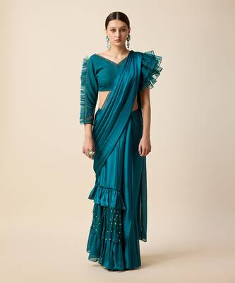Teal Blue Chiffon Embridered Saree 1