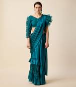 Teal Blue Chiffon Embridered Saree