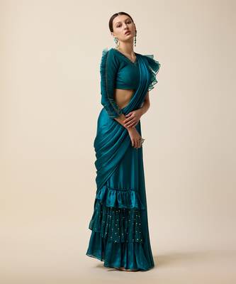 Teal Blue Chiffon Embridered Saree 2