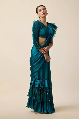 Teal Blue Chiffon Embridered Saree