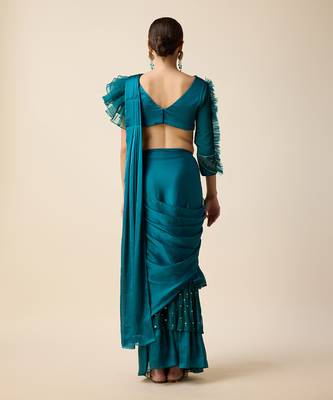 Teal Blue Chiffon Embridered Saree 3